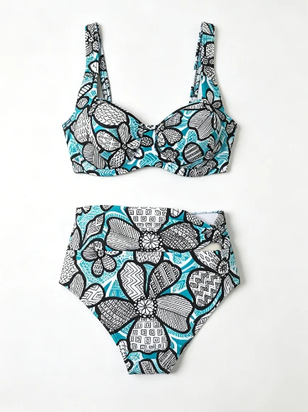 Blue White Geometric Floral Split Bikini High Waist Tummy Control Underwire Push Up Swimwear factory Blue White Geometric Floral Split Bikini High Waist Tummy Control Underwire Push Up Swimwear factory