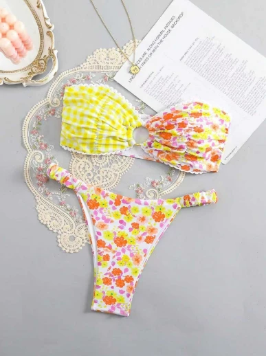 Mismatched Floral Gingham Bandeau Bikini Set suppliers