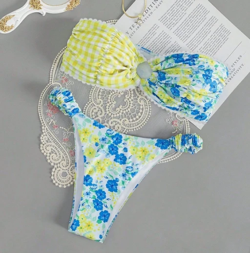 Neodpovídající květinová sada bikin Gingham Bandeau